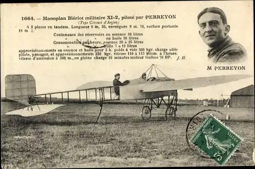 Ak Monoplan Bleriot militaire XI2 pilote par Perreyon, französisches Militärflugzeug, Portrait