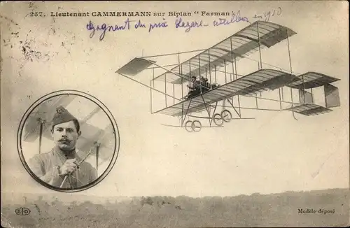 Ak Lieutenant Cammermann sur biplan Farman, Flugzeug, Flugpionier, Doppeldecker