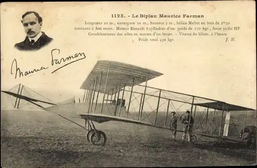 Ak Le Biplan Maurice Farman, Doppeldecker, Flugpionier