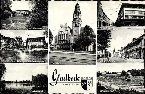 Ak Gladbeck Westfalen, Horsterstraße, Rathaus, Nordpark, Heimatmuseum, Hochstraße, Schwimmbad