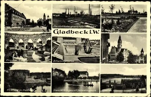 Ak Gladbeck im Ruhrgebiet, Postamt, Rathaus, Schwimmstadion, Haus Wittringen, Stadion