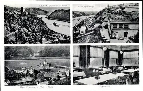 Ak Caub Kaub am Rhein, Blick auf die Pfalz, Gutenfels, Haus Elsenburg, Speisesaal