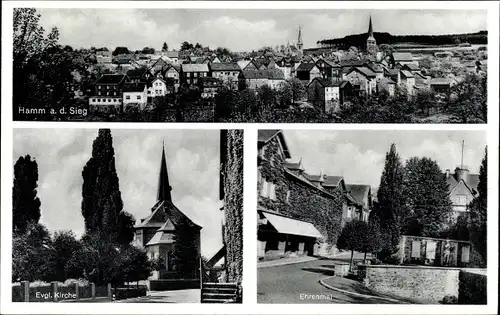 Ak Hamm Sieg, Ortschaft mit Evangl. Kirche, Ehrenmal