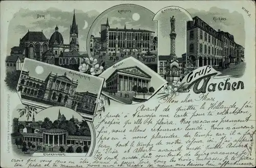 Mondschein Litho Aachen in Nordrhein Westfalen, Kurhaus, Mariensäule, Dom, Theater, Elisenbrunnen