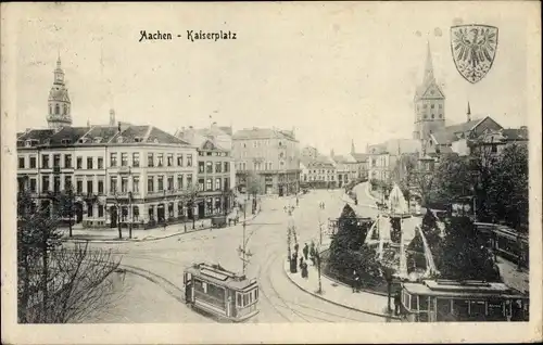 Ak Aachen in Nordrhein Westfalen, Kaiserplatz, Brunnen, Straßenbahnen, Stadtwappen