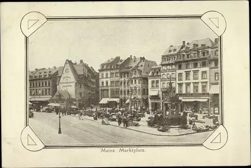 Präge Passepartout Ak Mainz am Rhein, Marktplatz, August Mayer, Verkaufsstände, Geschäfte