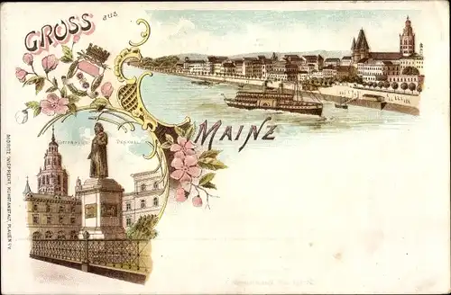 Litho Mainz am Rhein, Ortschaft mit Gutenbergdenkmal