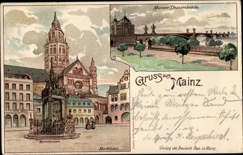 Litho Mainz am Rhein, Rheinstraße, Marktbrunnen, Straßenbrücke