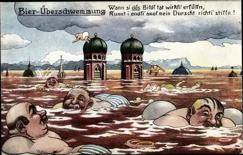 Künstler Ak München, Bierüberschwemmung, Biertrinker, Türme der Frauenkirche