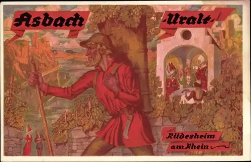 Künstler Ak Rüdesheim am Rhein in Hessen, Reklame für Asbach Uralt