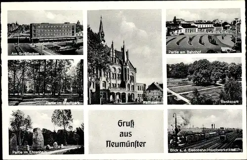 Ak Neumünster in Schleswig Holstein, Großflecken, Rathaus, Stadtpark, Bahnhof, Renkspark, Ehrenhain