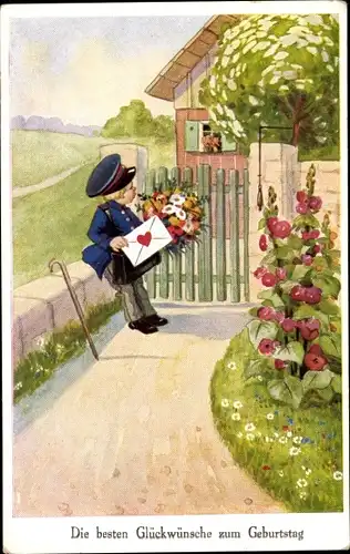 Ak Glückwunsch Geburtstag, Briefträger mit Blumenstrauß