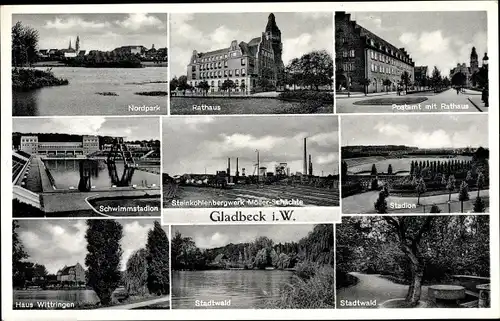 Ak Gladbeck Westfalen, Nordpark, Fabrik, Rathaus, Postamt, Schwimmstadion, Stadtwald