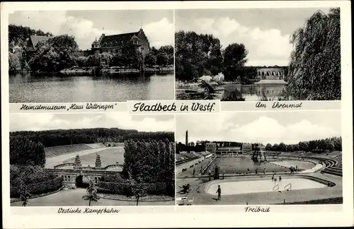 Ak Gladbeck im Ruhrgebiet, Ehrenmal, Freibad, Heimatsmuseum Haus Wittringen, Vestische Kampfbahn