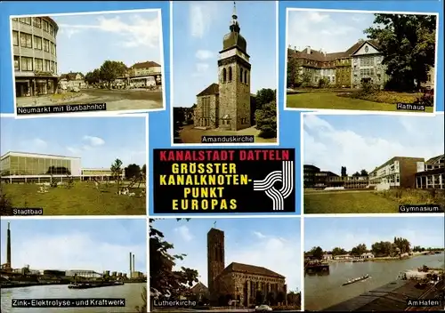 Ak Datteln Ruhrgebiet, Rathaus, Stadtbad, Busbahnhof, Lutherkirche, Hafen, Kraftwerk, Amanduskirche