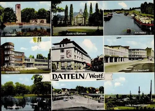 Ak Datteln Ruhrgebiet, Rathaus, Stadtgarten, Neumarkt, Ehrenmal, Hafen, Zeche Emscher-Lippe