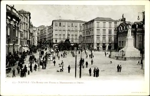 Ak Napoli Neapel Campania, Via Roma con Piazza e Monumento a Dante
