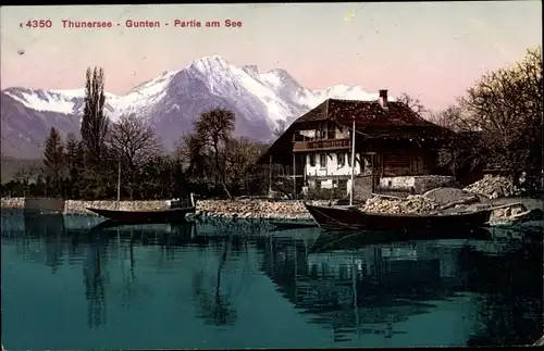 Ak Gunten am Thunersee Kanton Bern, Partie am See, Ruderboote