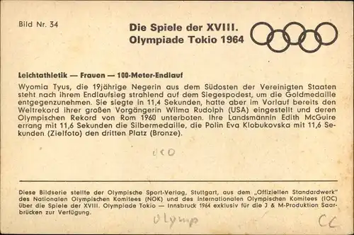 Ak XVIII. Olympische Spiele Tokio 1964, Leichtathletik, Frauen 100 Meter Endlauf, Wyomia Tyus