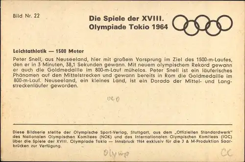 Ak XVIII. Olympische Spiele Tokio 1964, Leichtathletik, 1500 Meter Lauf, Peter Snell, Neuseeland