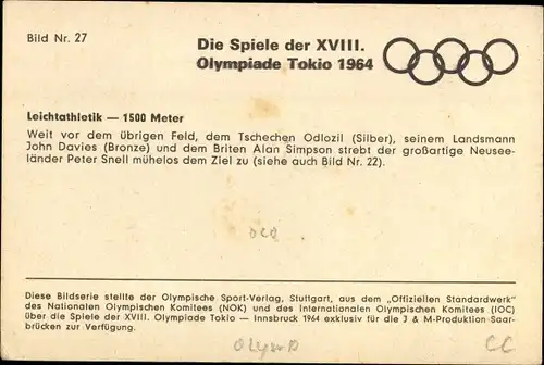 Ak XVIII. Olympische Spiele Tokio 1964, Leichtathletik 1500 Meter Lauf, Peter Snell, Odlozil, Davies