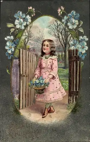 Passepartout Präge Litho Glückwunsch Ostern, Mädchen in rosa Kleid, Vergissmeinnicht, Ei