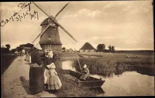 Ak Edam Volendam Nordholland Niederlande, Windmühle, Frauen und Kinder in Trachten