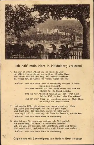 Lied Ak Heidelberg am Neckar, Ich hab' mein Herz in Heidelberg verloren, Brücke, Schloss