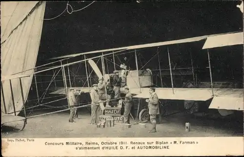 Ak Reims Marne, Concours militaire 1911, Renaux sur Biplan Farman, Huile D.F. et Automobiline