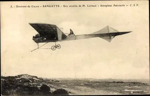 Ak Sangatte Pas de Calais, Une envolee de H. Latham, Aeroplane Antoinette, Flugzeug