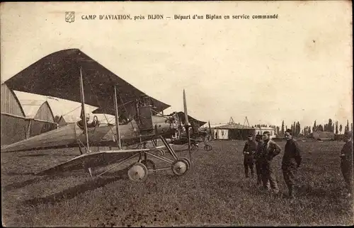 Ak Dijon Côte d'Or, Camp d'Aviation, depart d'un Biplan, französisches Militärflugzeug