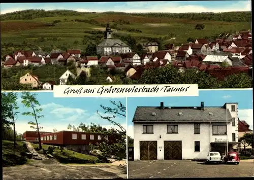 Ak Grävenwiesbach im Taunus, Gesamtansicht, Rathaus, Flachbau