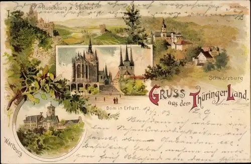 Litho Bad Kösen Naumburg in Thüringen, Schwarzburg, Rudelsburg u. Saaleck, Erfurter Dom, Wartburg