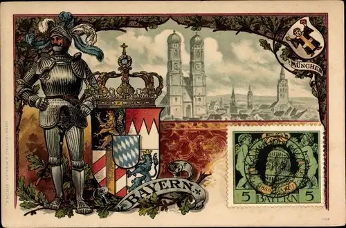 Wappen Litho München Bayern, Frauenkirche, Ritter, Fest Verein der Bayern in Berlin 1899