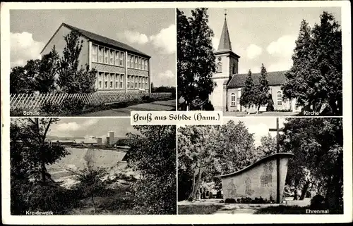 Ak Söhlde in Niedersachsen, Kirche, Schule, Kreidewerk, Ehrenmal