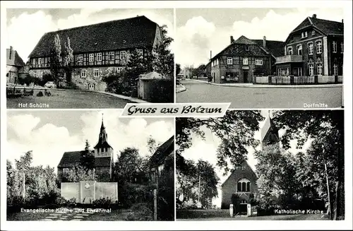 Ak Bolzum Sehnde Niedersachsen, Hof Schütte, Dorfmitte, Kath. Kirche, Ehrenmal