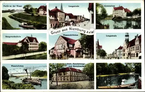 Ak Nienburg an der Weser, Gymnasium, Langestraße, Baugewerkschule, Haushaltungsschule