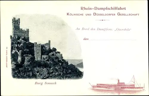Ak Niederheimbach in Rheinland Pfalz, Burg Sonneck, Dampfer Overstolz, Köln. Düss. Gesellschaft