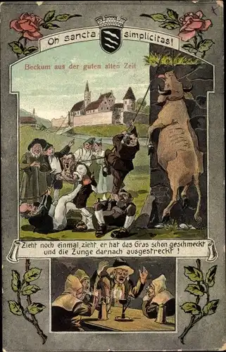 Ak Beckum in Westfalen, Oh sancta simplicitas, Männer hängen Kuh auf
