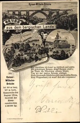 Litho Reinshagen Remscheid, Schloss Küppelstein, Kaiser Wilhelm Brücke, Müngsten
