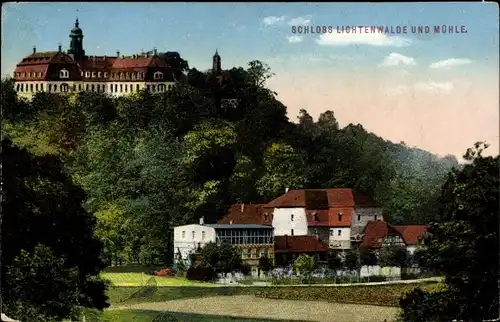 Ak Lichtenwalde Niederwiesa im Kreis Mittelsachsen, Blick auf Schloss und Mühle, Häuser