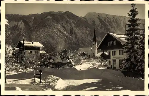 Ak Bayrischzell im Mangfallgebirge Oberbayern, Gasthof, Kirche, Winteridyll