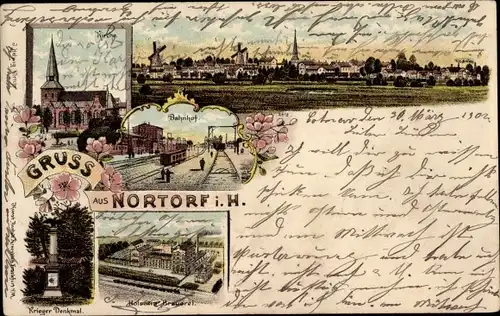 Litho Nortorf in Holstein, Bahnhof, Kirche, Brauerei, Kriegerdenkmal