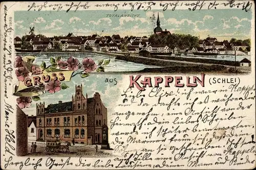 Litho Kappeln an der Schlei, Totalansicht, Kaiserl. Postamt