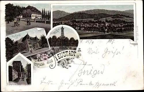 Litho Neustadt im Harz Harztor Thüringen, Kurhaus, Burgruine, Pappenbergturm