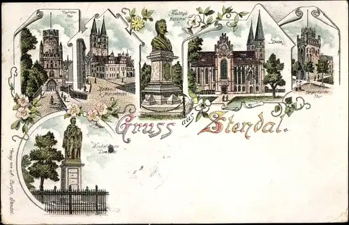 Litho Stendal in der Altmark, Nachtigall Denkmal, Rathaus, Marienkirche, Winckelmann Denkmal