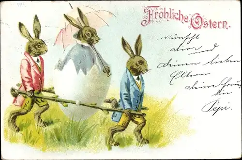 Ak Glückwunsch Ostern, Osterhasen mit Sänfte aus Eierschale