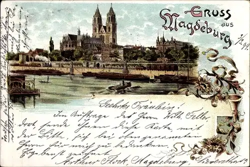 Litho Magdeburg an der Elbe, Dom, Elbpanorama