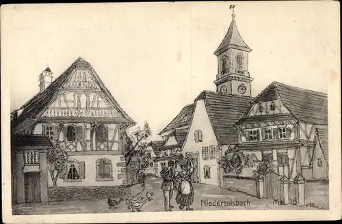 Ak Niedersoultzbach Niedersulzbach Elsass Bas Rhin, Ortspartie, Kirche, Mai 1916