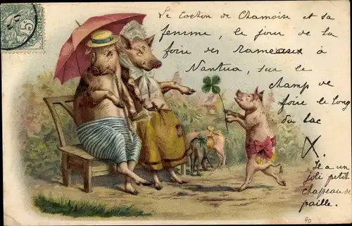 Litho Vermenschlichte Schweine auf einer Bank, Sonnenschirm, Ferkel mit Kleeblatt